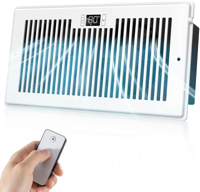 Main image of Quiet Smart Register Booster Fan Fits 6" x 12" Vent Opening, White Smart Heating Cooling AC Vent Fan, Temp-Based Auto On/Off, 10-Speed Remote, Thermostat Control, Power-Off Memory