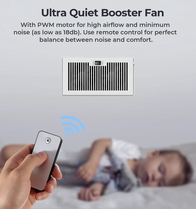 Alt view image 5 of 7 - Quiet Smart Register Booster Fan Fits 6" x 12" Vent Opening, White Smart Heating Cooling AC Vent Fan, Temp-Based Auto On/Off, 10-Speed Remote, Thermostat Control, Power-Off Memory