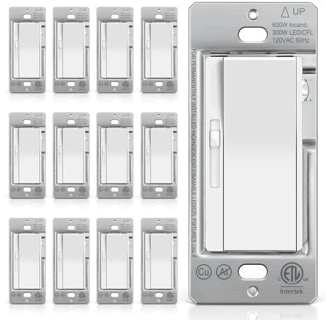 Main image of 12 Pack Super Slim Slide Dimmer Light Switch, Single Pole or 3 Way Dimmer Switches, Compatible with LED Dimmable Lamp, CFL, Incandescent, Halogen Bulb, ETL Listed, White