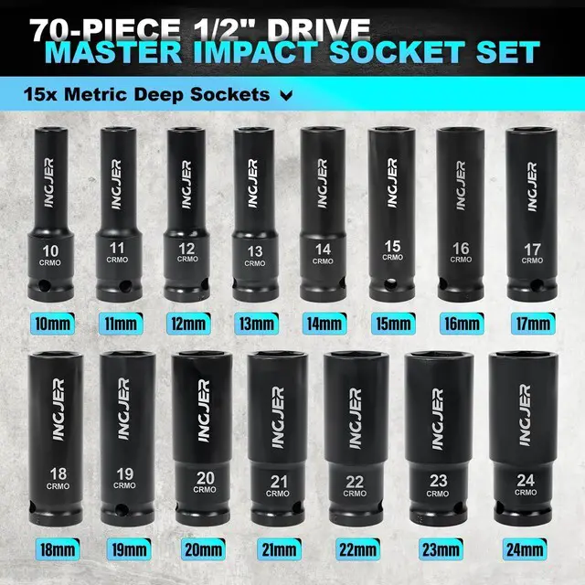 Alt view image 3 of 7 - 1/2" Impact Socket Set,70PCS SAE/Metric, 1-1/4"/10-24mm, CR-MO Alloy Steel 6 Point Cr-MO Alloy Steel for Auto Repair, Easy-to-Read Size Markings, Rugged Construction, Storage Case