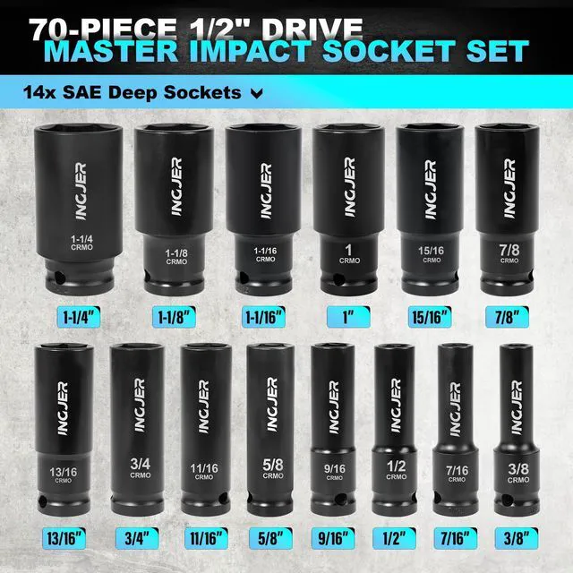 Alt view image 4 of 7 - 1/2" Impact Socket Set,70PCS SAE/Metric, 1-1/4"/10-24mm, CR-MO Alloy Steel 6 Point Cr-MO Alloy Steel for Auto Repair, Easy-to-Read Size Markings, Rugged Construction, Storage Case