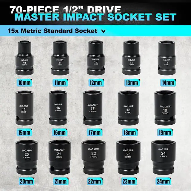 Alt view image 5 of 7 - 1/2" Impact Socket Set,70PCS SAE/Metric, 1-1/4"/10-24mm, CR-MO Alloy Steel 6 Point Cr-MO Alloy Steel for Auto Repair, Easy-to-Read Size Markings, Rugged Construction, Storage Case