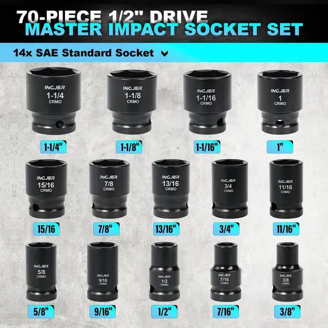 Alt view image 6 of 7 - 1/2" Impact Socket Set,70PCS SAE/Metric, 1-1/4"/10-24mm, CR-MO Alloy Steel 6 Point Cr-MO Alloy Steel for Auto Repair, Easy-to-Read Size Markings, Rugged Construction, Storage Case