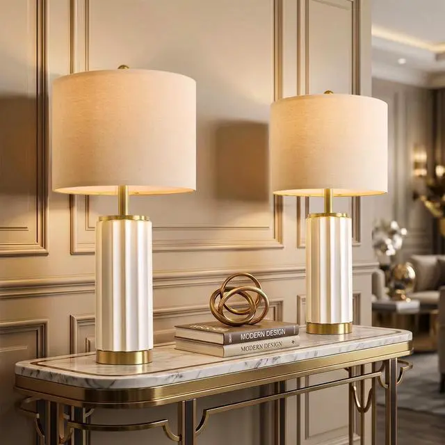 Main image of 25.75" Off-White Ceramic Table Lamp Set of 2, Mid Century Modern Bedside Nightstand Lamps for Bedroom Living Room, Linen Shade & Gold Metal Base, Rotary Switch E26 (Bulbs Excluded)