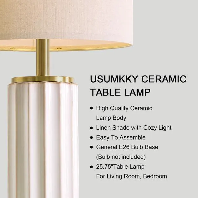 Alt view image 2 of 7 - 25.75" Off-White Ceramic Table Lamp Set of 2, Mid Century Modern Bedside Nightstand Lamps for Bedroom Living Room, Linen Shade & Gold Metal Base, Rotary Switch E26 (Bulbs Excluded)