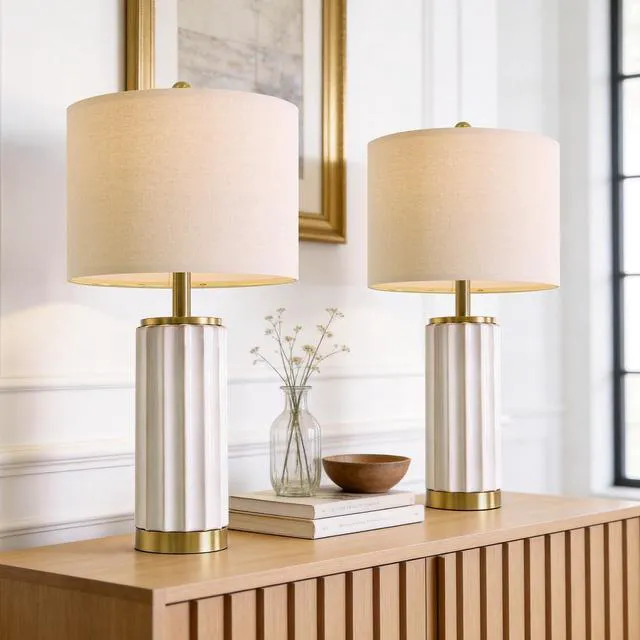 Alt view image 3 of 7 - 25.75" Off-White Ceramic Table Lamp Set of 2, Mid Century Modern Bedside Nightstand Lamps for Bedroom Living Room, Linen Shade & Gold Metal Base, Rotary Switch E26 (Bulbs Excluded)