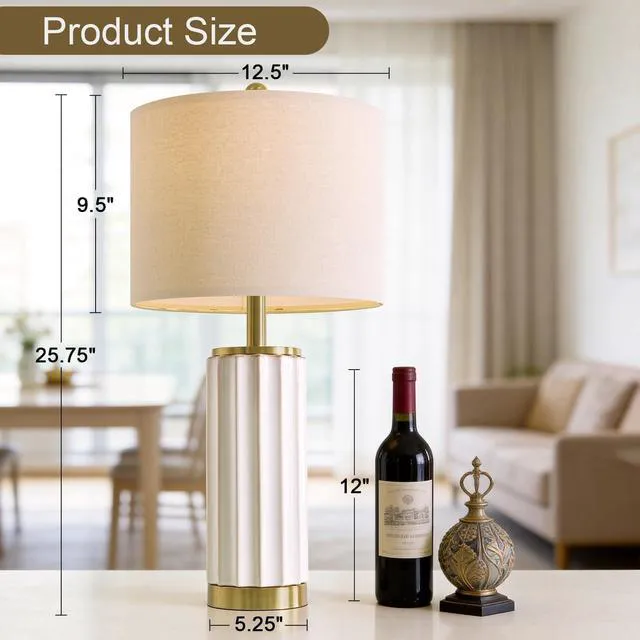 Alt view image 6 of 7 - 25.75" Off-White Ceramic Table Lamp Set of 2, Mid Century Modern Bedside Nightstand Lamps for Bedroom Living Room, Linen Shade & Gold Metal Base, Rotary Switch E26 (Bulbs Excluded)