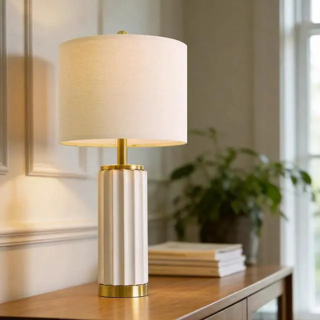 Alt view image 4 of 7 - 25.75" Off-White Ceramic Table Lamp Set of 2, Mid Century Modern Bedside Nightstand Lamps for Bedroom Living Room, Linen Shade & Gold Metal Base, Rotary Switch E26 (Bulbs Excluded)