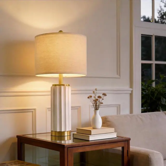 Alt view image 5 of 7 - 25.75" Off-White Ceramic Table Lamp Set of 2, Mid Century Modern Bedside Nightstand Lamps for Bedroom Living Room, Linen Shade & Gold Metal Base, Rotary Switch E26 (Bulbs Excluded)