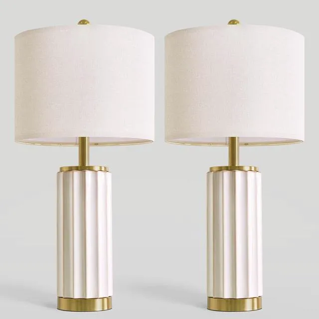 Alt view image 7 of 7 - 25.75" Off-White Ceramic Table Lamp Set of 2, Mid Century Modern Bedside Nightstand Lamps for Bedroom Living Room, Linen Shade & Gold Metal Base, Rotary Switch E26 (Bulbs Excluded)