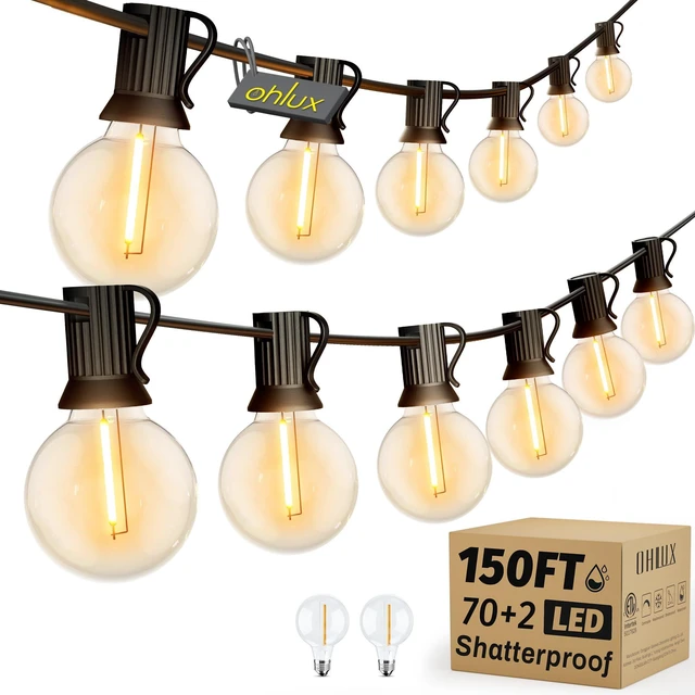 Main image of Outdoor String Lights, 150FT Patio Lights with 70+2 Dimmable Plastic LED G40 Bulbs, 2200K Waterproof Connectable Hanging String for Backyard Cafe Porch Deck E12 Base