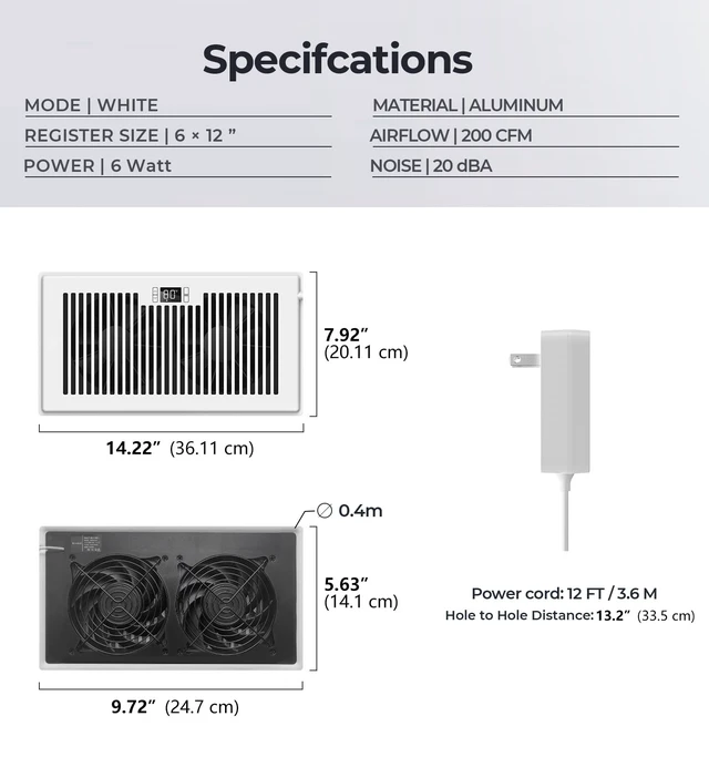 Alt view image 6 of 7 - Quiet Smart Register Booster Fan Fits 6" x 12" Vent Opening, White Smart Heating Cooling AC Vent Fan, Temp-Based Auto On/Off, 10-Speed Remote, Thermostat Control, Power-Off Memory