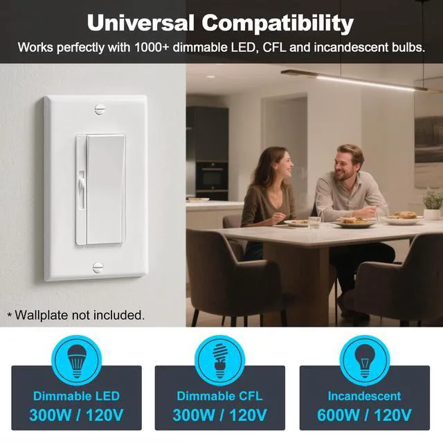 Alt view image 6 of 7 - 12 Pack Super Slim Slide Dimmer Light Switch, Single Pole or 3 Way Dimmer Switches, Compatible with LED Dimmable Lamp, CFL, Incandescent, Halogen Bulb, ETL Listed, White