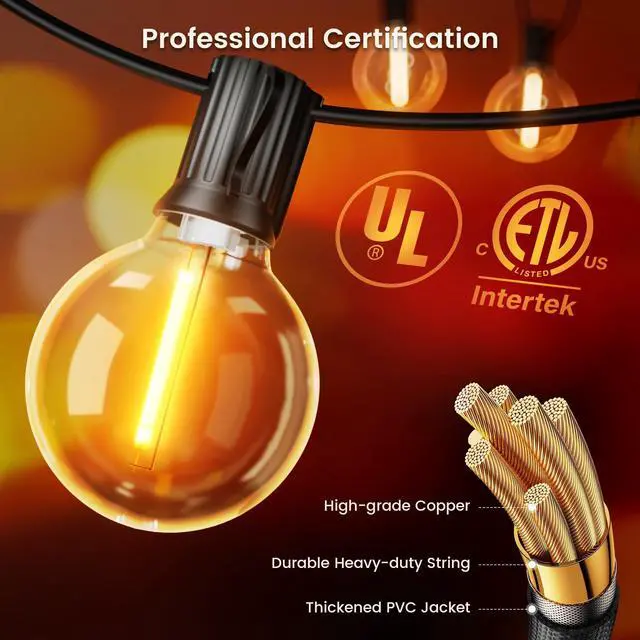 Alt view image 4 of 6 - Outdoor String Lights, 150FT Patio Lights with 70+2 Dimmable Plastic LED G40 Bulbs, 2200K Waterproof Connectable Hanging String for Backyard Cafe Porch Deck E12 Base