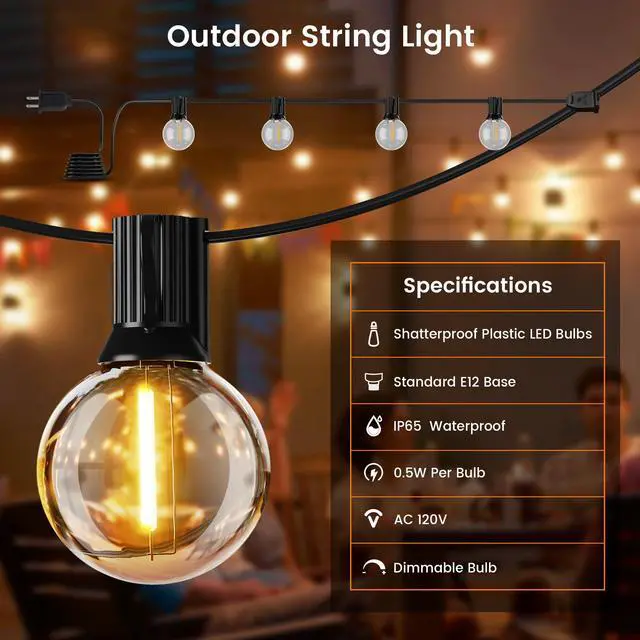 Alt view image 5 of 6 - Outdoor String Lights, 150FT Patio Lights with 70+2 Dimmable Plastic LED G40 Bulbs, 2200K Waterproof Connectable Hanging String for Backyard Cafe Porch Deck E12 Base