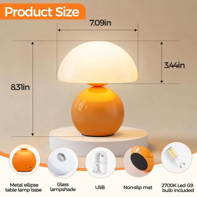 Alt view image 2 of 7 - Mushroom Lamp Table Lamp for Bedroom, Portables Cordless Table Lamps Set of 2,Wireless lamp,Bedside Tables Touch for Living Room,Mini Mushroom 5200mAh Battery Operated Lamps Modern Orange