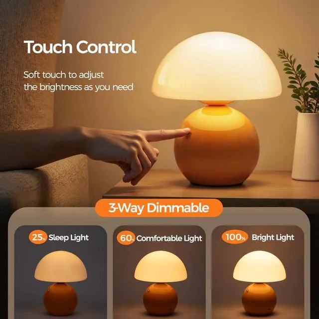 Alt view image 3 of 7 - Mushroom Lamp Table Lamp for Bedroom, Portables Cordless Table Lamps Set of 2,Wireless lamp,Bedside Tables Touch for Living Room,Mini Mushroom 5200mAh Battery Operated Lamps Modern Orange