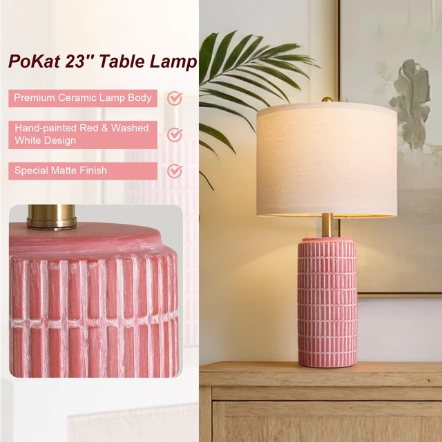Alt view image 3 of 7 - 23" Ceramic Table Lamps for Living Room, Farmhouse Bedside Lamps Set of 2 for Bedroom, Rustic Nightstand Lamps for Office Sideboard Entryway Hallway Decor Gifts (Matte Red)