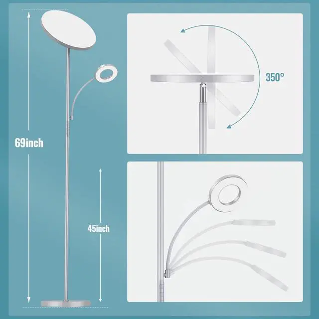 Alt view image 2 of 7 - Silver Gray Floor Lamp, 42W 4000LM Super Bright LED Lamp with Reading Light for Living Room Bedroom Office, Dimmable Standing Lamp with Remote & Touch Control