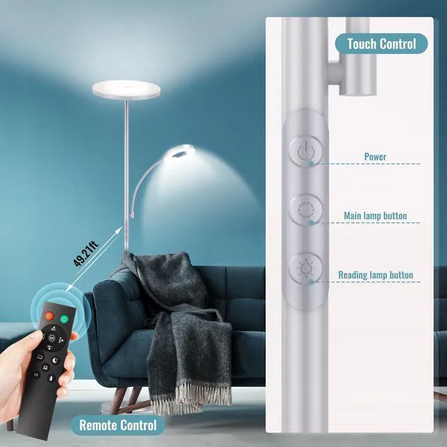 Alt view image 3 of 7 - Silver Gray Floor Lamp, 42W 4000LM Super Bright LED Lamp with Reading Light for Living Room Bedroom Office, Dimmable Standing Lamp with Remote & Touch Control