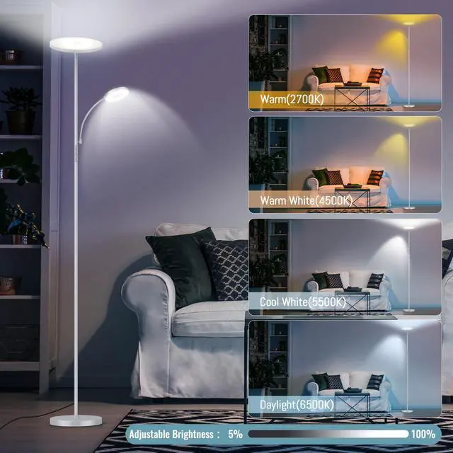 Alt view image 4 of 7 - Silver Gray Floor Lamp, 42W 4000LM Super Bright LED Lamp with Reading Light for Living Room Bedroom Office, Dimmable Standing Lamp with Remote & Touch Control