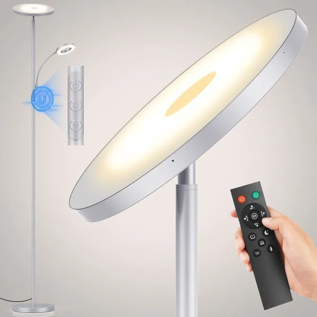 Main image of Silver Gray Floor Lamp, 42W 4000LM Super Bright LED Lamp with Reading Light for Living Room Bedroom Office, Dimmable Standing Lamp with Remote & Touch Control