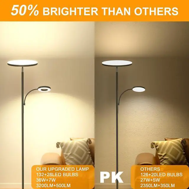 Alt view image 6 of 7 - Silver Gray Floor Lamp, 42W 4000LM Super Bright LED Lamp with Reading Light for Living Room Bedroom Office, Dimmable Standing Lamp with Remote & Touch Control