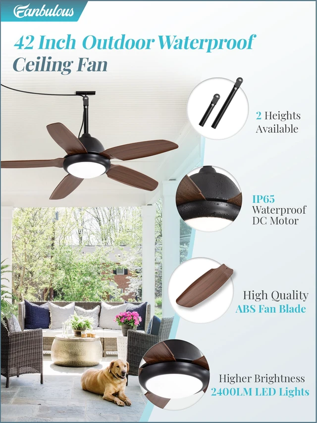 Alt view image 2 of 7 - 42 Inch Waterproof Outdoor Ceiling Fan with Light for patio,Brown
