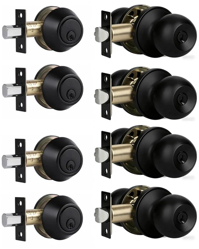 Main image of Multi-Pack Door Knob with Lock and Deadbolt, Keyed Alike Exterior Door Handle Lock Set for Front and Entry Doors, Matte Black Finish, 4 Pack