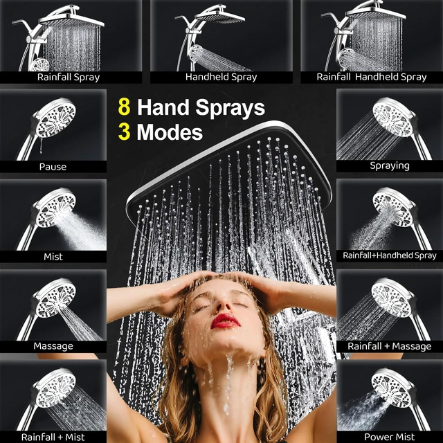 Alt view image 4 of 7 - 12-Inch High Pressure Rain Shower Head with Handheld Spray Combo, Magnetic Dual shower heads; one-piece bracket adjusts height and angle; 9 settings: 8 sprays + 1 Power Jet for cleaning; easy install