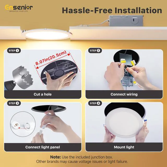 Alt view image 6 of 7 - 6 Pack 8 Inch LED Recessed Light, 5CCT Dimmable Canless Wafer 2700K-5000K Selectable, 5%-100% Dimmable, 1600LM 18W 120V, IC & Damp Rated, ETL & FCC & UL Certified, 50000h Life Span