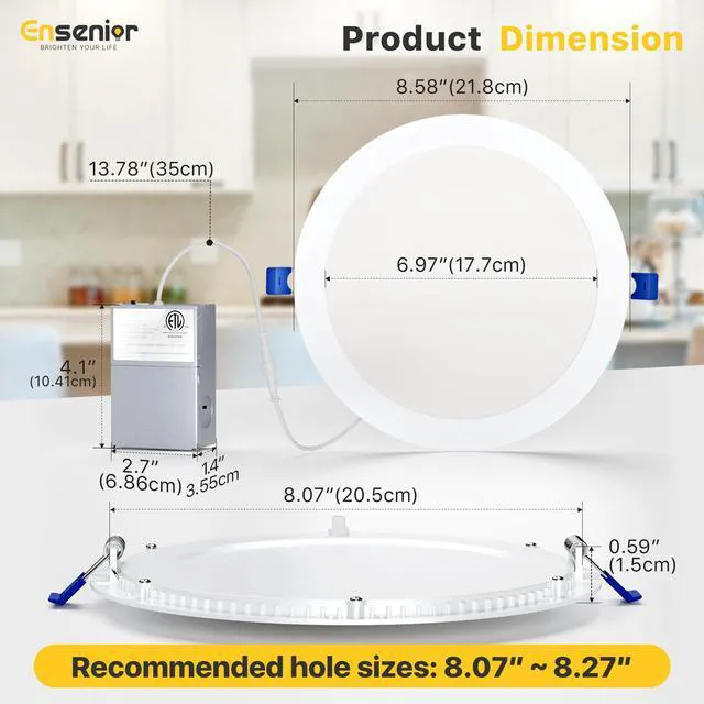 Alt view image 7 of 7 - 6 Pack 8 Inch LED Recessed Light, 5CCT Dimmable Canless Wafer 2700K-5000K Selectable, 5%-100% Dimmable, 1600LM 18W 120V, IC & Damp Rated, ETL & FCC & UL Certified, 50000h Life Span