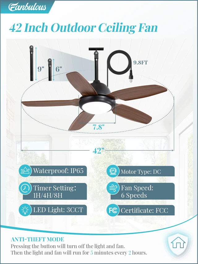 Alt view image 6 of 7 - 42 Inch Waterproof Outdoor Ceiling Fan with Light for patio,Brown
