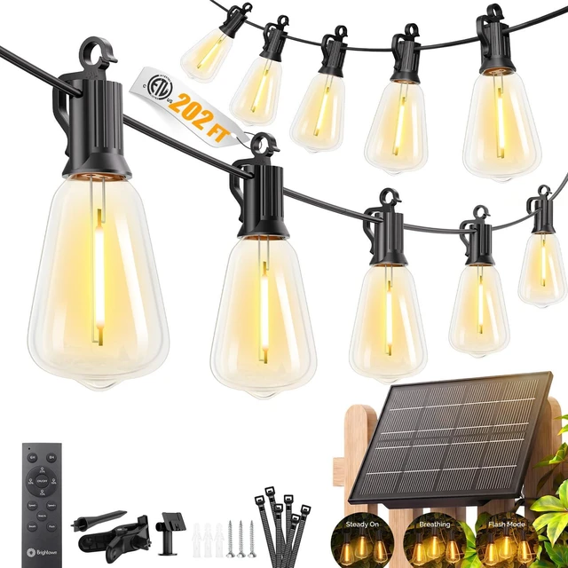 Main image of 202FT Solar String Lights Outdoor Waterproof, 26Hrs Runtime 65+2 LED Bulbs, USB & Solar Powered, Remote Control & Dimmable Timer, Ideal for Backyard, Garden, Camping & Party Decor