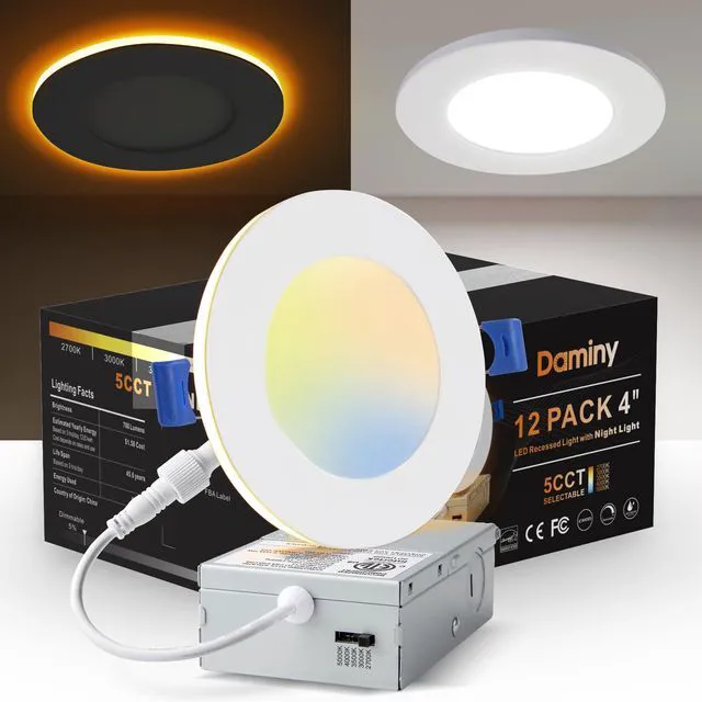 Main image of 12 Pack 4 Inch LED Recessed Lighting, Canless Wafer Downlight 5CCT, Ultra-Thin Recessed Light with Night Light, Dimmable, 7W 700LM 120V, IC&Damp Rated