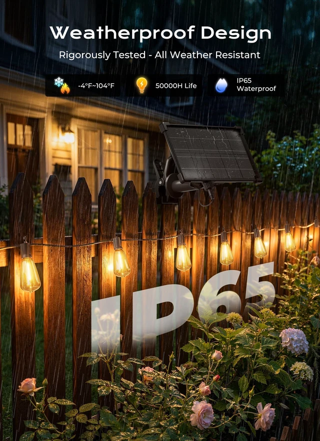 Alt view image 3 of 7 - 202FT Solar String Lights Outdoor Waterproof, 26Hrs Runtime 65+2 LED Bulbs, USB & Solar Powered, Remote Control & Dimmable Timer, Ideal for Backyard, Garden, Camping & Party Decor