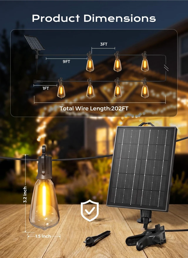 Alt view image 6 of 7 - 202FT Solar String Lights Outdoor Waterproof, 26Hrs Runtime 65+2 LED Bulbs, USB & Solar Powered, Remote Control & Dimmable Timer, Ideal for Backyard, Garden, Camping & Party Decor