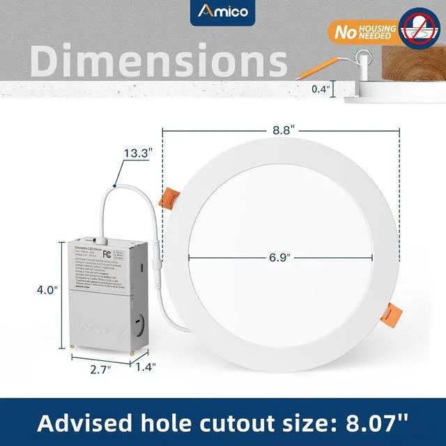 Alt view image 2 of 7 - 4 Pack 8 Inch 5CCT Ultra-Thin LED Recessed Ceiling Light 1600LM High Brightness, 18W Low Power, 5%-100% Smooth Dimming, Junction Box Included, ETL&FCC Listed, Canless Wafer Downlight