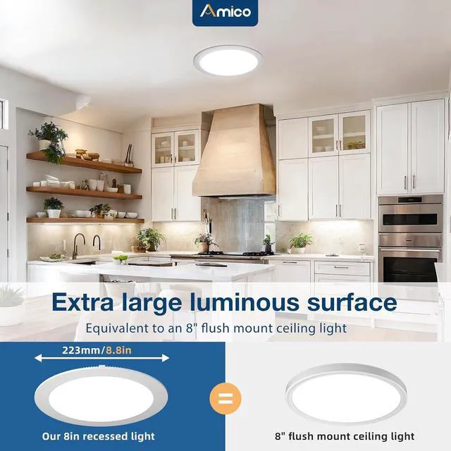 Alt view image 3 of 7 - 4 Pack 8 Inch 5CCT Ultra-Thin LED Recessed Ceiling Light 1600LM High Brightness, 18W Low Power, 5%-100% Smooth Dimming, Junction Box Included, ETL&FCC Listed, Canless Wafer Downlight