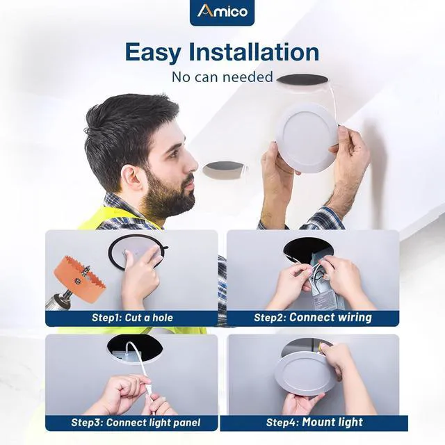 Alt view image 5 of 7 - 4 Pack 8 Inch 5CCT Ultra-Thin LED Recessed Ceiling Light 1600LM High Brightness, 18W Low Power, 5%-100% Smooth Dimming, Junction Box Included, ETL&FCC Listed, Canless Wafer Downlight