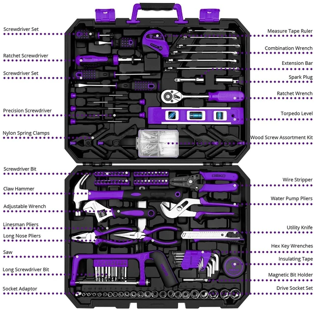 Alt view image 2 of 7 - Tool Set: 228 Piece Home Tool Kit, Household Basic Repair Tool Set Comes with Storage ToolBox, Socket Wrench Set for Car, Hand Tool Box Set for Home - Purple