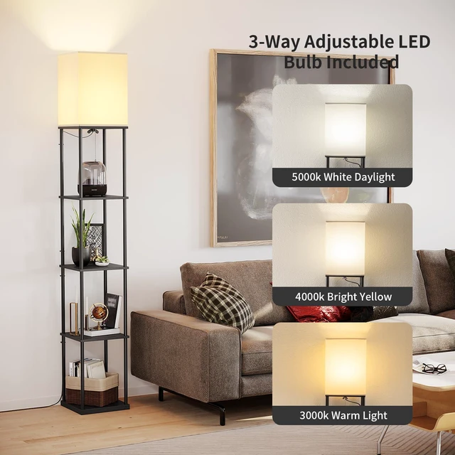 Alt view image 2 of 7 - 5 Tier Floor Lamp with Shelves, Modern Square Standing Lamp with 3 Color Temperature Bulb, Corner Display Bookshelf Lamp for Living Room and Bedroom, Tall Shelf Floor Lamp