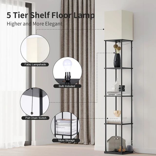 Alt view image 3 of 7 - 5 Tier Floor Lamp with Shelves, Modern Square Standing Lamp with 3 Color Temperature Bulb, Corner Display Bookshelf Lamp for Living Room and Bedroom, Tall Shelf Floor Lamp