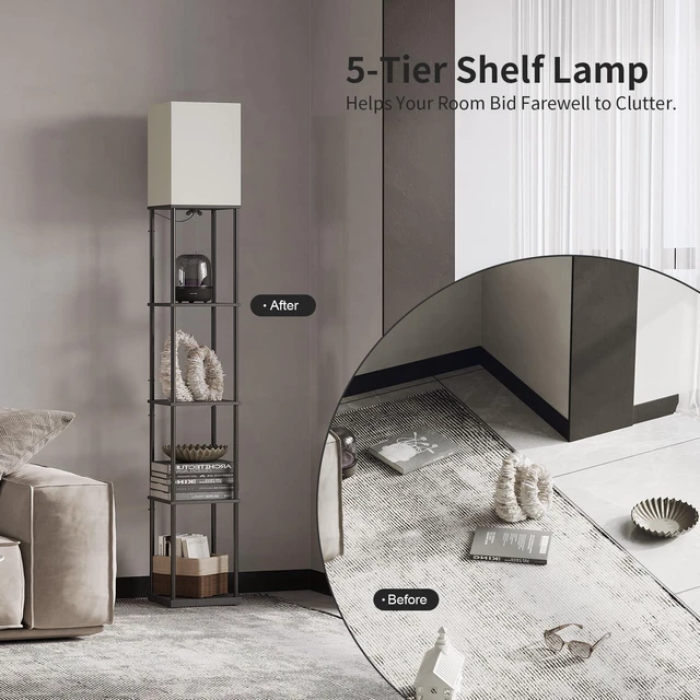 Alt view image 4 of 7 - 5 Tier Floor Lamp with Shelves, Modern Square Standing Lamp with 3 Color Temperature Bulb, Corner Display Bookshelf Lamp for Living Room and Bedroom, Tall Shelf Floor Lamp