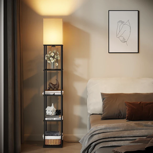 Alt view image 6 of 7 - 5 Tier Floor Lamp with Shelves, Modern Square Standing Lamp with 3 Color Temperature Bulb, Corner Display Bookshelf Lamp for Living Room and Bedroom, Tall Shelf Floor Lamp