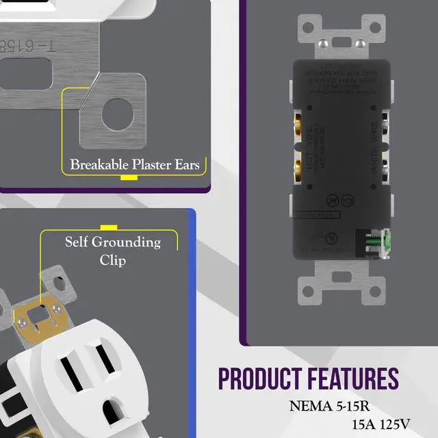 Alt view image 3 of 7 - 40 Pack Duplex Wall Outlet, 15 Amp Electrical Receptacle, White 15A 125V, self-grounding, 2-Pole, 3-Wire, shallow body design, UL Listed, Residential Grade, wide compatibility