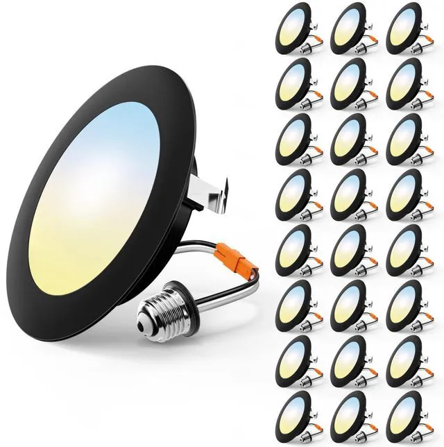 Main image of 24 Pack Retrofit LED Recessed Lighting 4 Inch, 5CCT, Black 2700K/3000K/4000K/5000K/6000K Selectable, Dimmable Flat Can Lights, 700LM Brightness, 7W, IC & Damp Rated, ETL & FCC