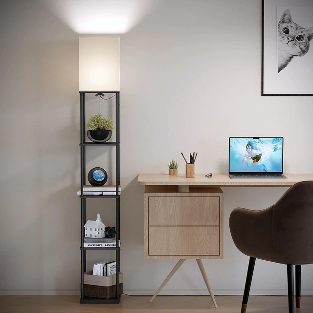 Alt view image 7 of 7 - 5 Tier Floor Lamp with Shelves, Modern Square Standing Lamp with 3 Color Temperature Bulb, Corner Display Bookshelf Lamp for Living Room and Bedroom, Tall Shelf Floor Lamp