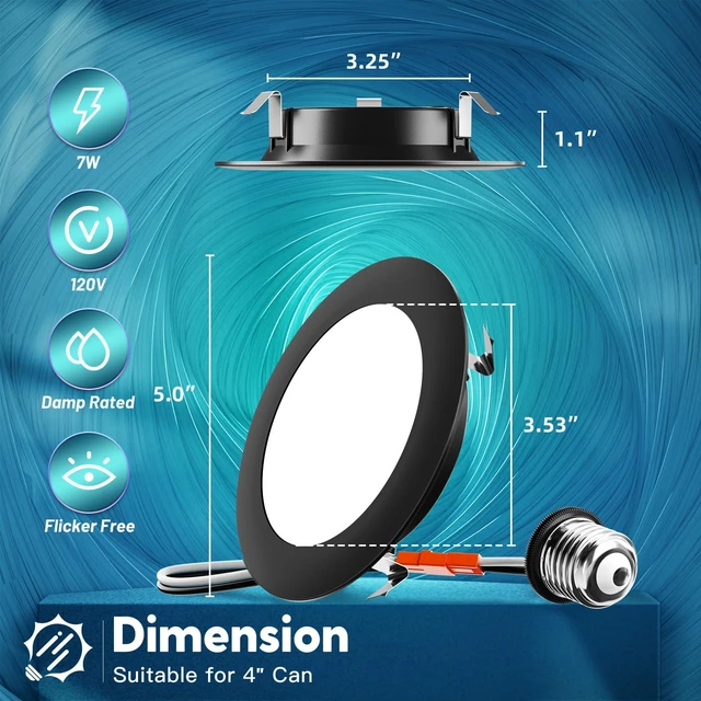 Alt view image 2 of 6 - 24 Pack Retrofit LED Recessed Lighting 4 Inch, 5CCT, Black 2700K/3000K/4000K/5000K/6000K Selectable, Dimmable Flat Can Lights, 700LM Brightness, 7W, IC & Damp Rated, ETL & FCC