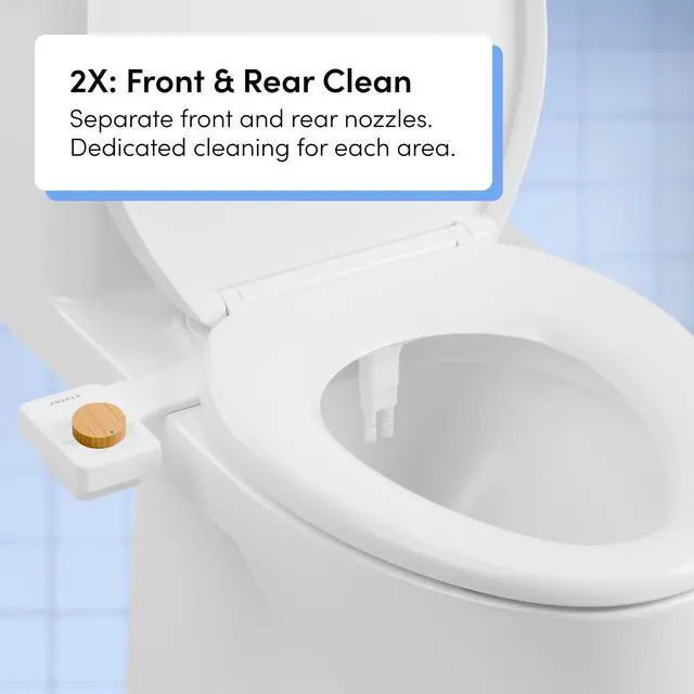 Alt view image 3 of 7 - Fresh Dual Nozzle Cool Water Bidet, Bamboo Knob Ultra Slim Toilet Seat Attachment, Non-Electric, 180° Front and Rear Wash, Self-Cleaning, 10 Minute DIY Install
